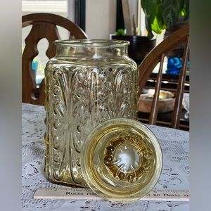 Vtg L E Smith Atterbury Scroll Amber Gold Glass Large Apothecary Jar Canister